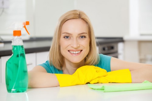 Cleaner preparing safe deep cleaning equipment and protective gear